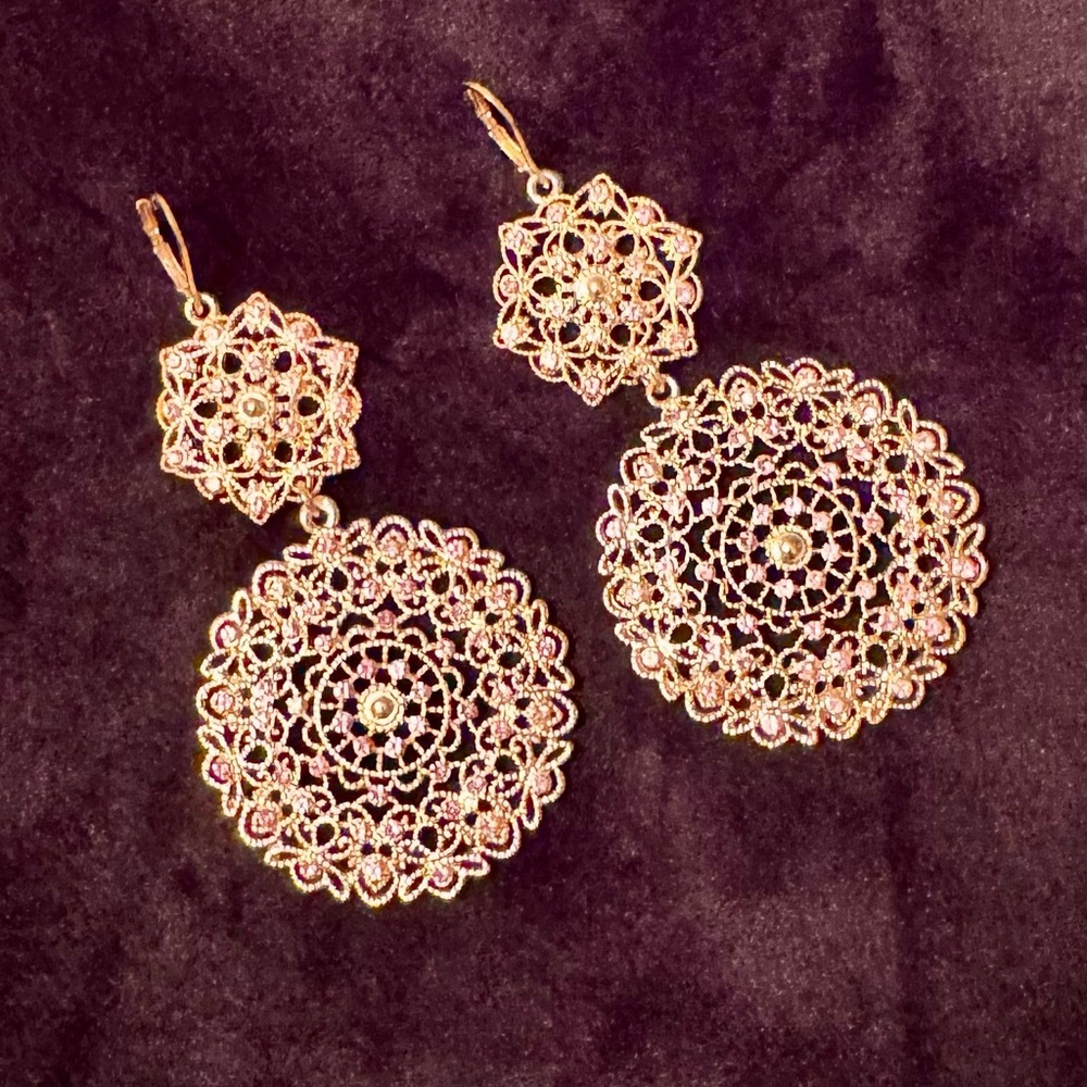 Elegant Gold Tone Filigree Drop Earrings with Pink Stone accents